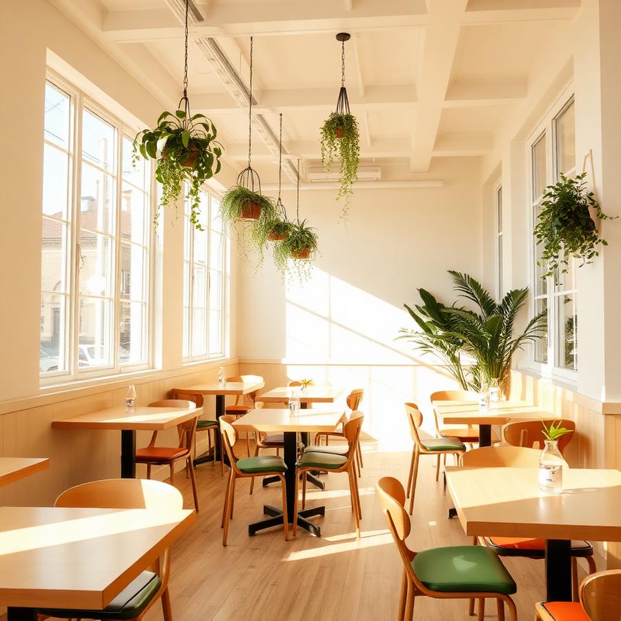 Bright dining room with plants and wooden tables