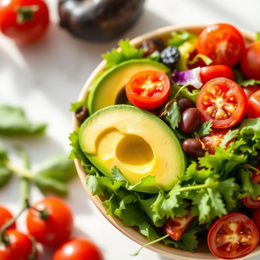 Fresh garden salad bowl with avocado